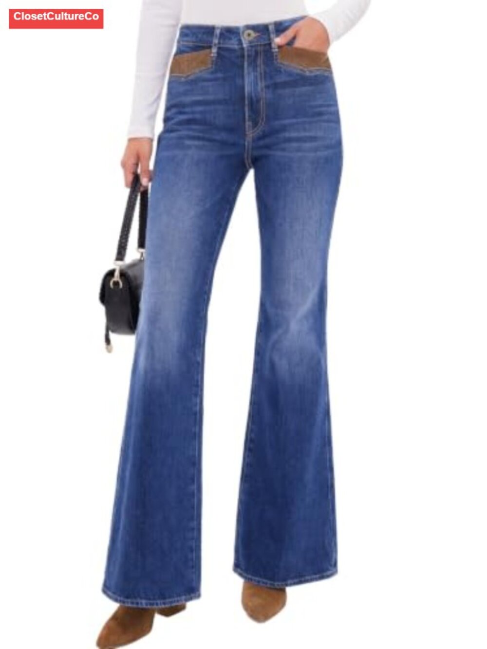 High Waisted Bell Bottom Bootcut Jeans Corduroy Patch Pocket Stretch Denim Flare